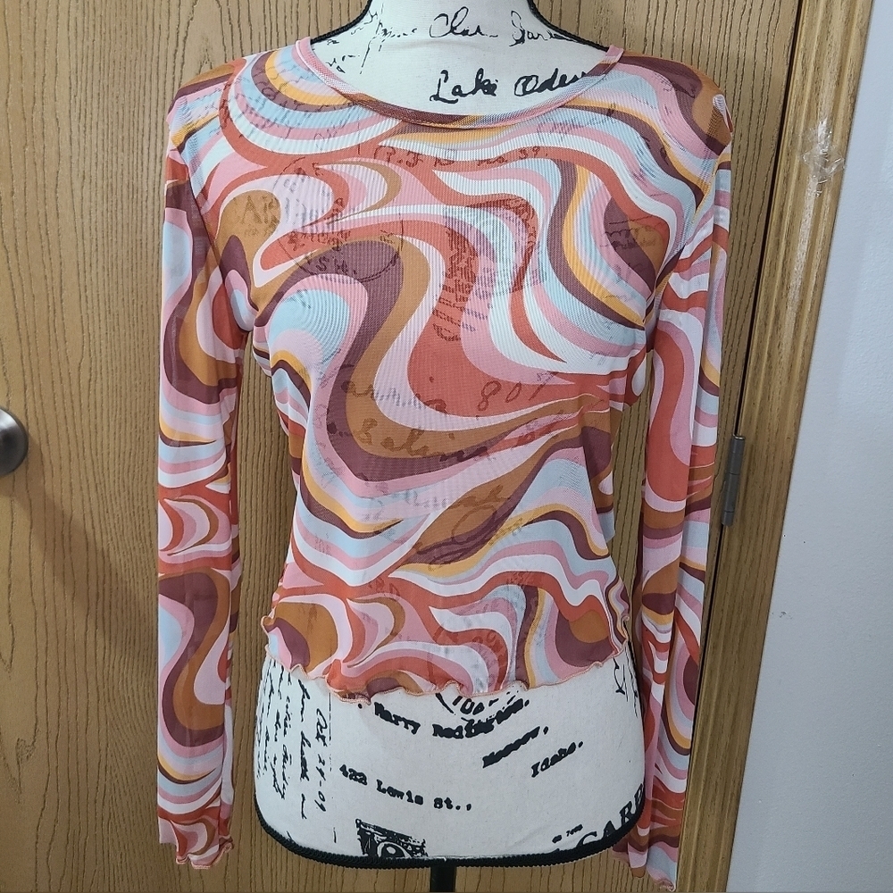 NWT La La Land Buckle Groovy Swirl Print Y2k Style Lettuce Trim Mesh Crop Top